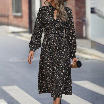 Black Keyhole Neck Lantern Sleeve Ditsy Floral Midi Dress Jewelry Bubble