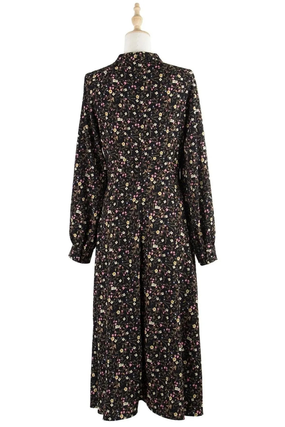 Black Keyhole Neck Lantern Sleeve Ditsy Floral Midi Dress