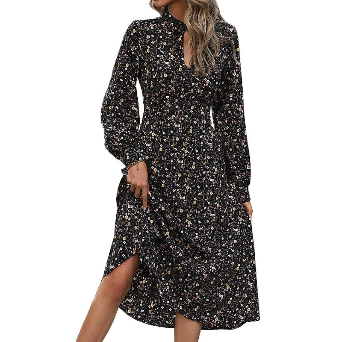 Black Keyhole Neck Lantern Sleeve Ditsy Floral Midi Dress Jewelry Bubble