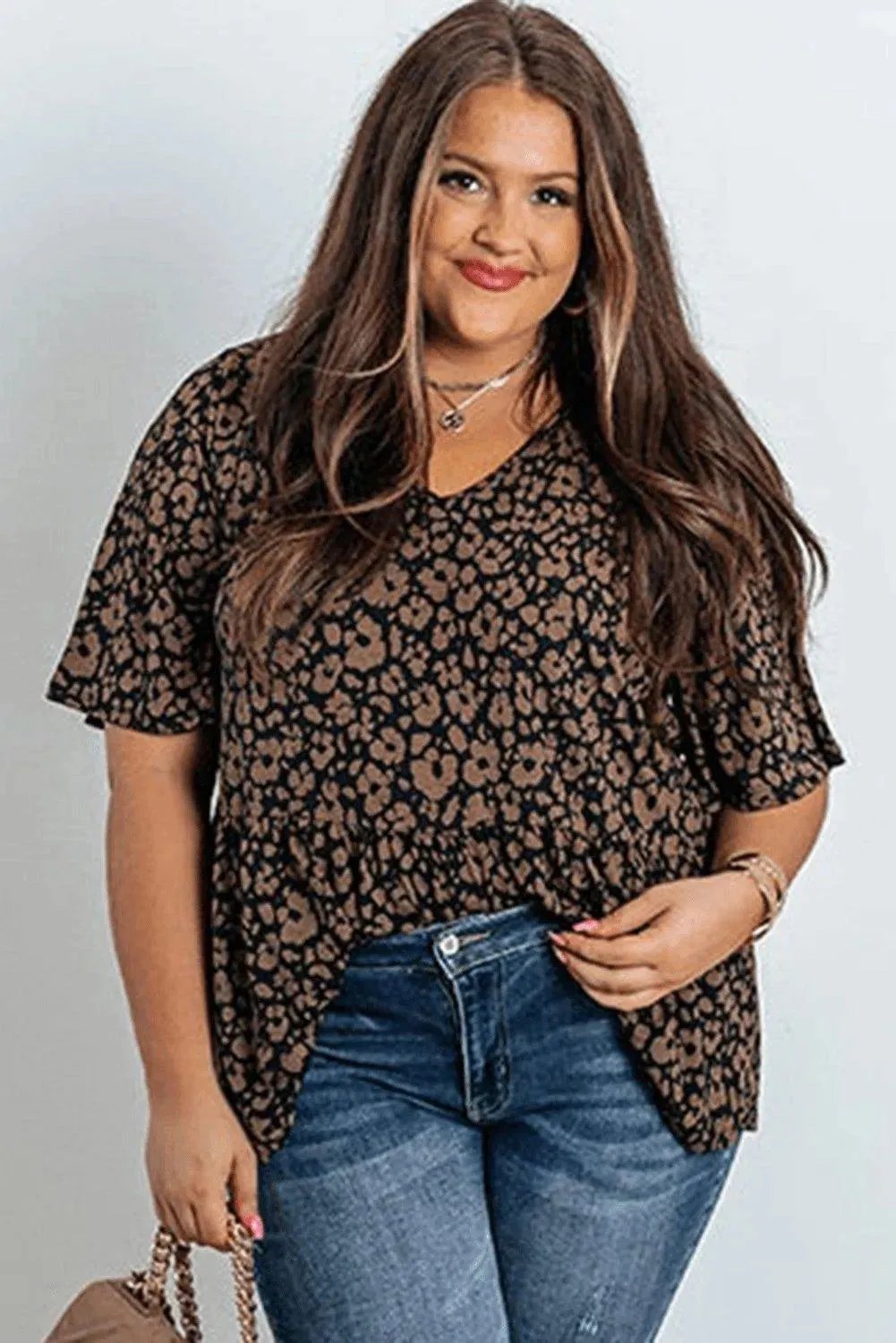 Black Leopard Print Ruffled V Neck Plus Size T-shirt