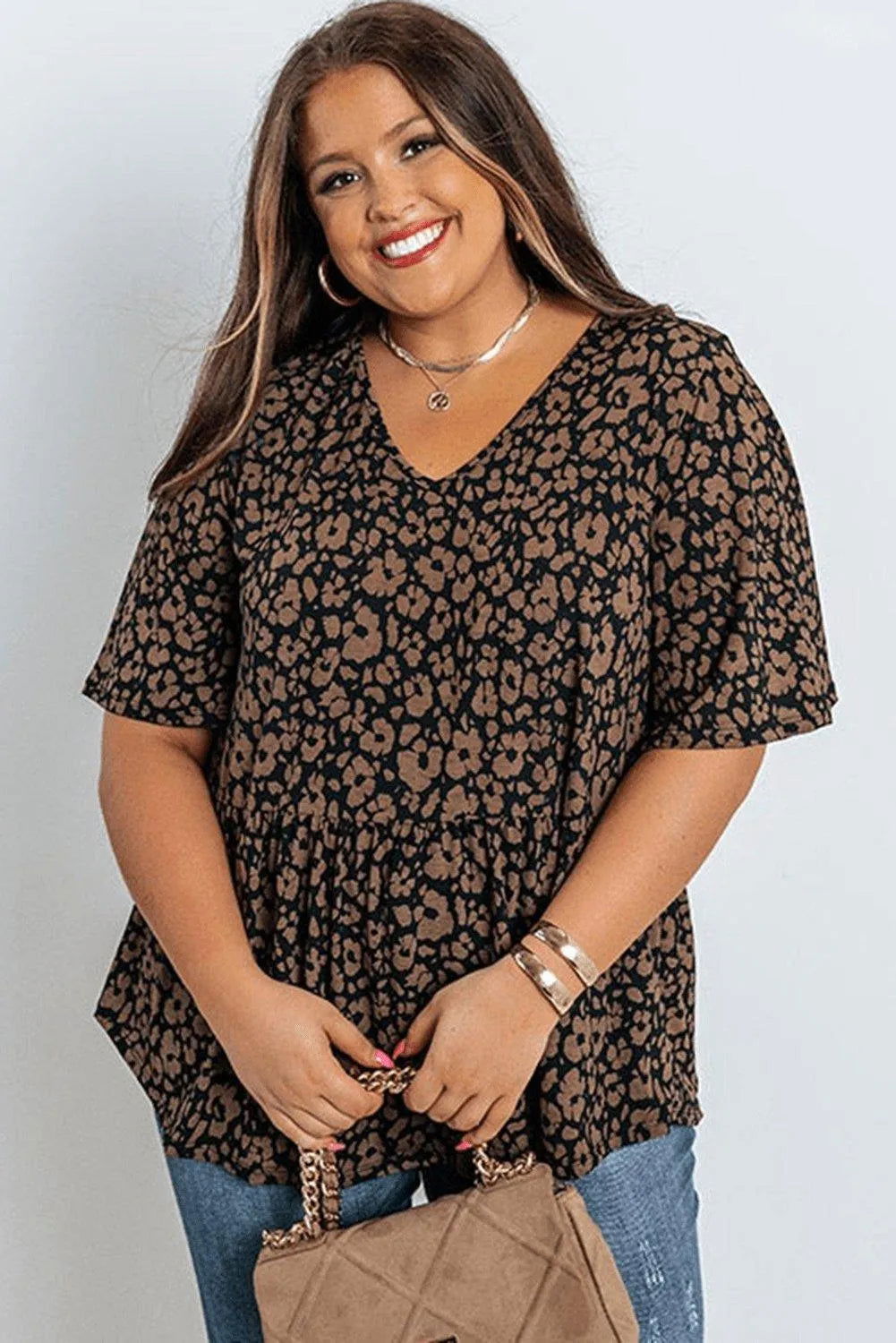 Black Leopard Print Ruffled V Neck Plus Size T-shirt Jewelry Bubble