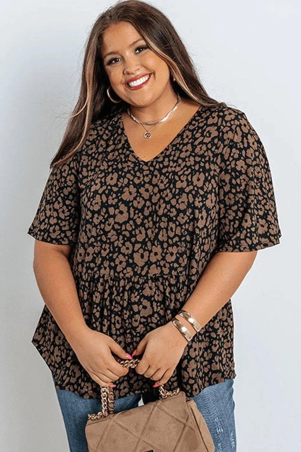 Black Leopard Print Ruffled V Neck Plus Size T-shirt