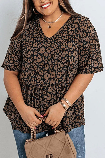 Black Leopard Print Ruffled V Neck Plus Size T-shirt Jewelry Bubble