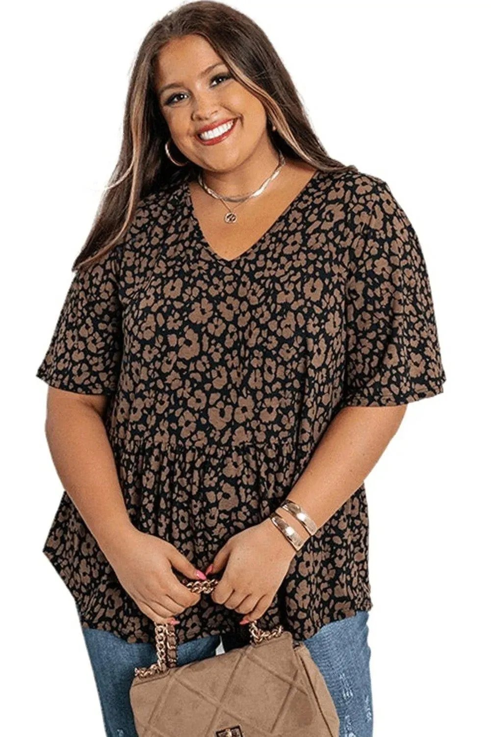 Black Leopard Print Ruffled V Neck Plus Size T-shirt