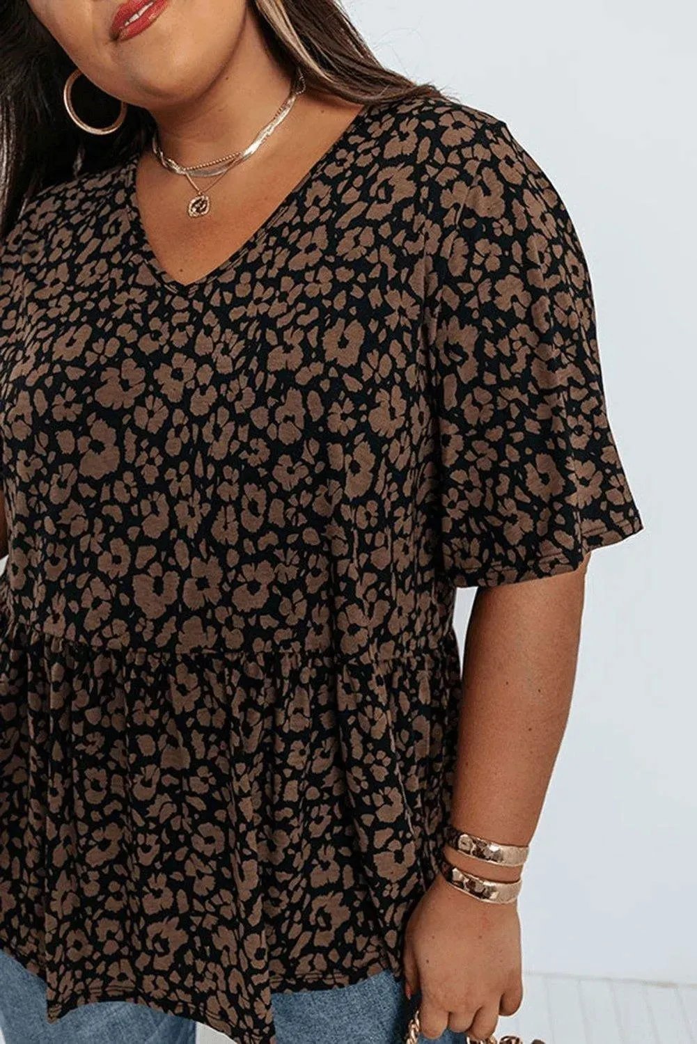 Black Leopard Print Ruffled V Neck Plus Size T-shirt