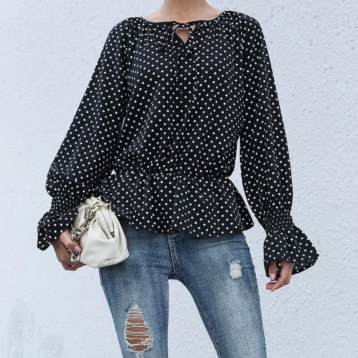 Black Notched Neck Ruffle Sleeve Polka Dot Blouse Jewelry Bubble