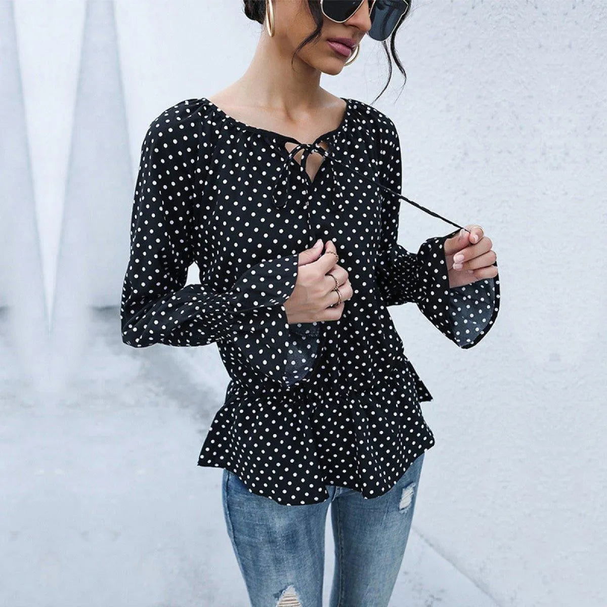 Black Notched Neck Ruffle Sleeve Polka Dot Blouse Jewelry Bubble