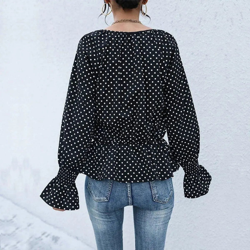 Black Notched Neck Ruffle Sleeve Polka Dot Blouse