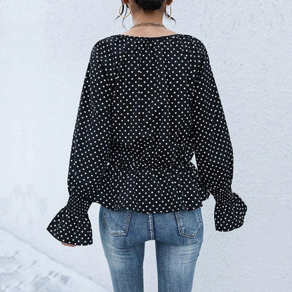 Black Notched Neck Ruffle Sleeve Polka Dot Blouse Jewelry Bubble