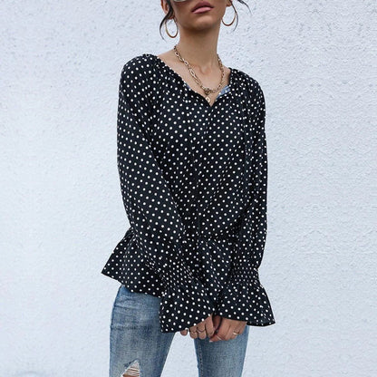 Black Notched Neck Ruffle Sleeve Polka Dot Blouse Jewelry Bubble