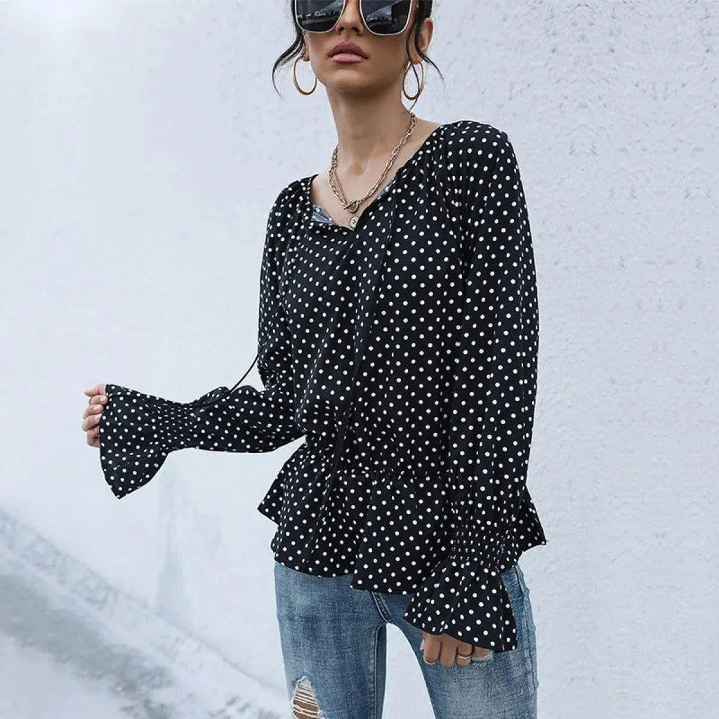 Black Notched Neck Ruffle Sleeve Polka Dot Blouse
