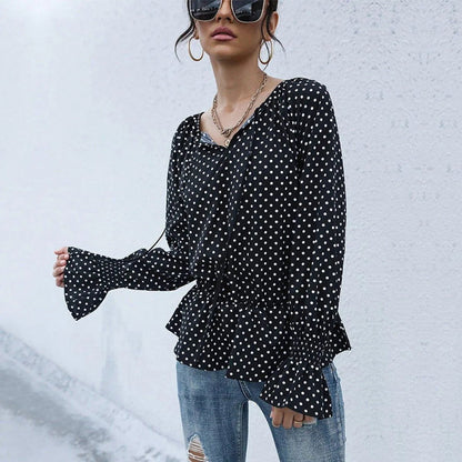 Black Notched Neck Ruffle Sleeve Polka Dot Blouse Jewelry Bubble