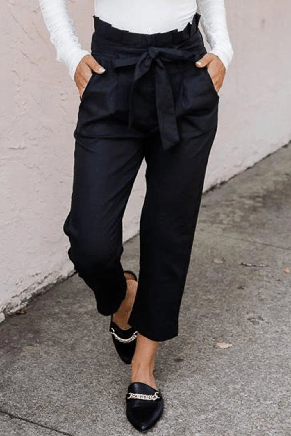 Black Paperbag Belt High Waist Straight Leg Pants Jewelry Bubble