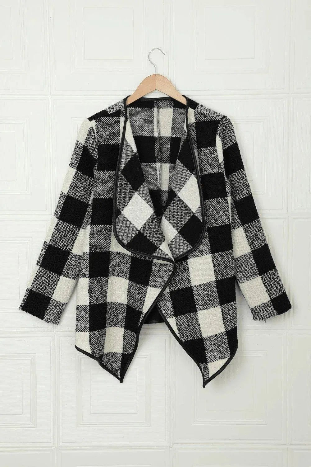 Black Plaid Long Sleeve Asymmetric Collar Open Front Coat