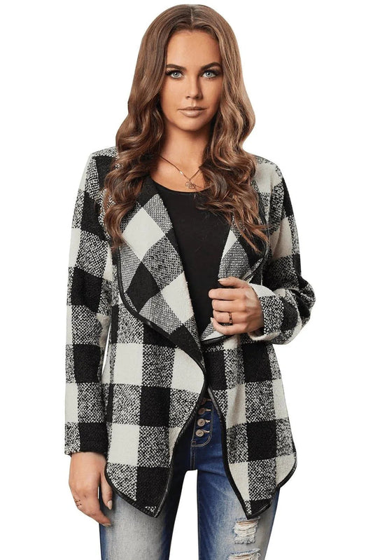 Black Plaid Long Sleeve Asymmetric Collar Open Front Coat Jewelry Bubble