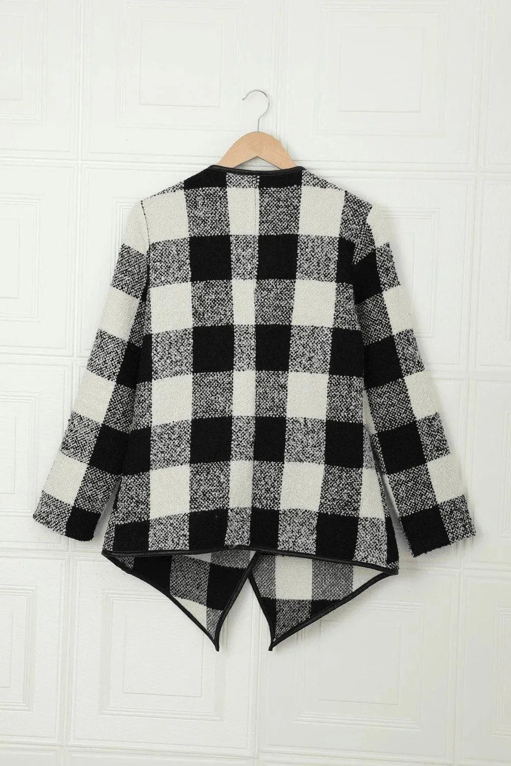 Black Plaid Long Sleeve Asymmetric Collar Open Front Coat