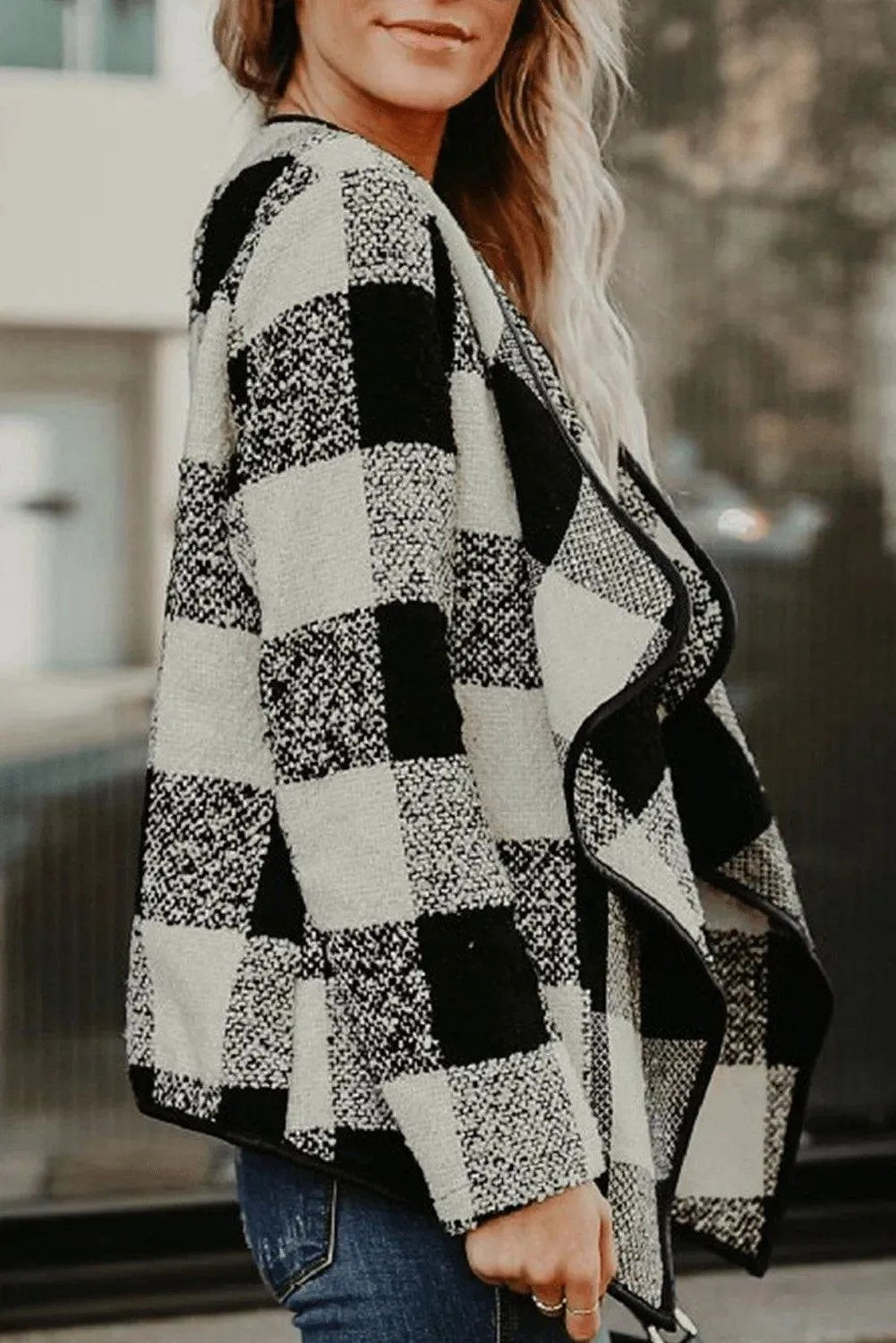 Black Plaid Long Sleeve Asymmetric Collar Open Front Coat