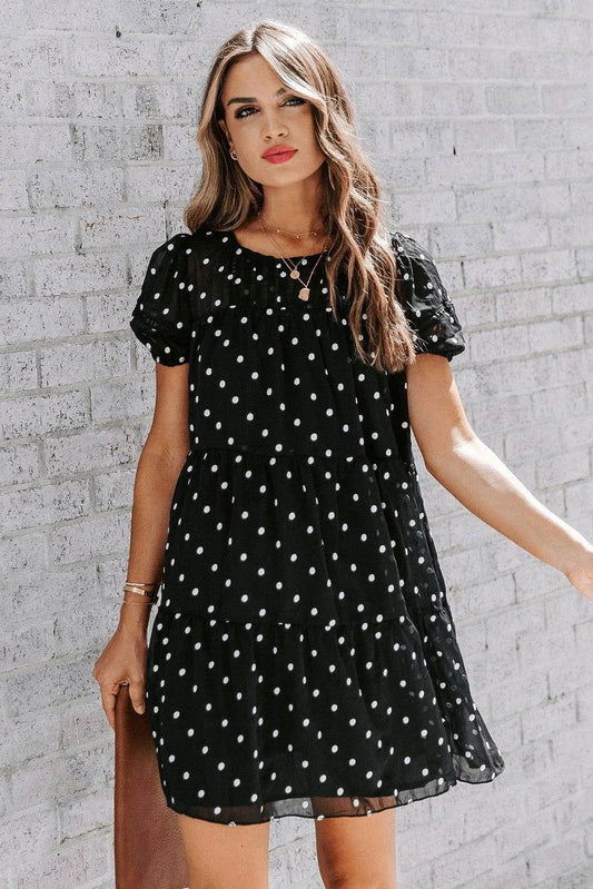 Black Polka Dot Tiered Swing Mini Dress Jewelry Bubble