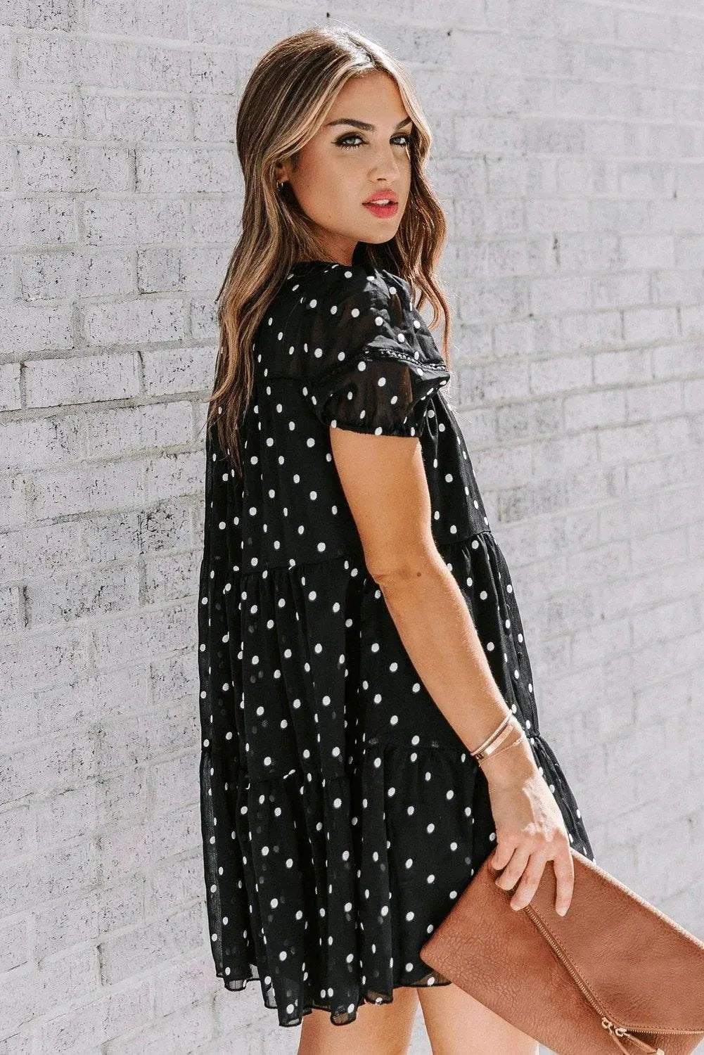 Black Polka Dot Tiered Swing Mini Dress