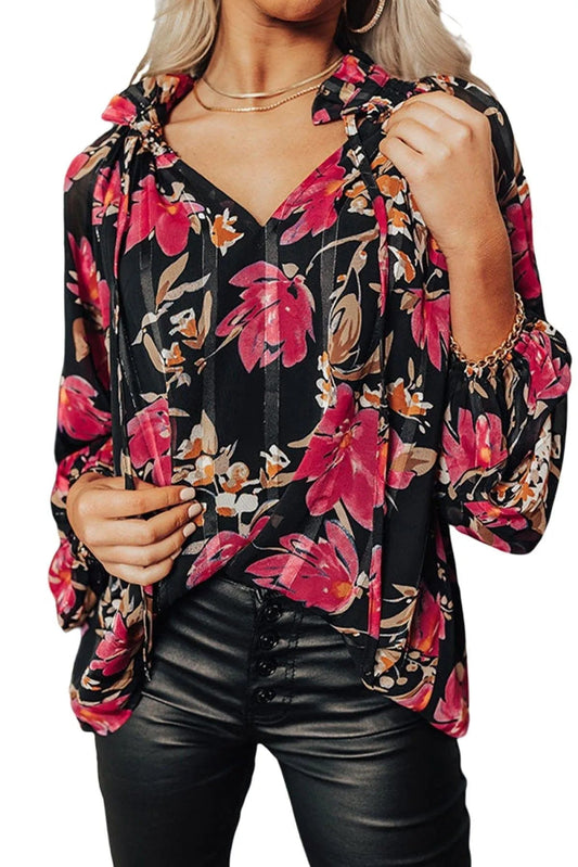 Black Ruffled Collar Floral Blouse Multicolor Jewelry Bubble