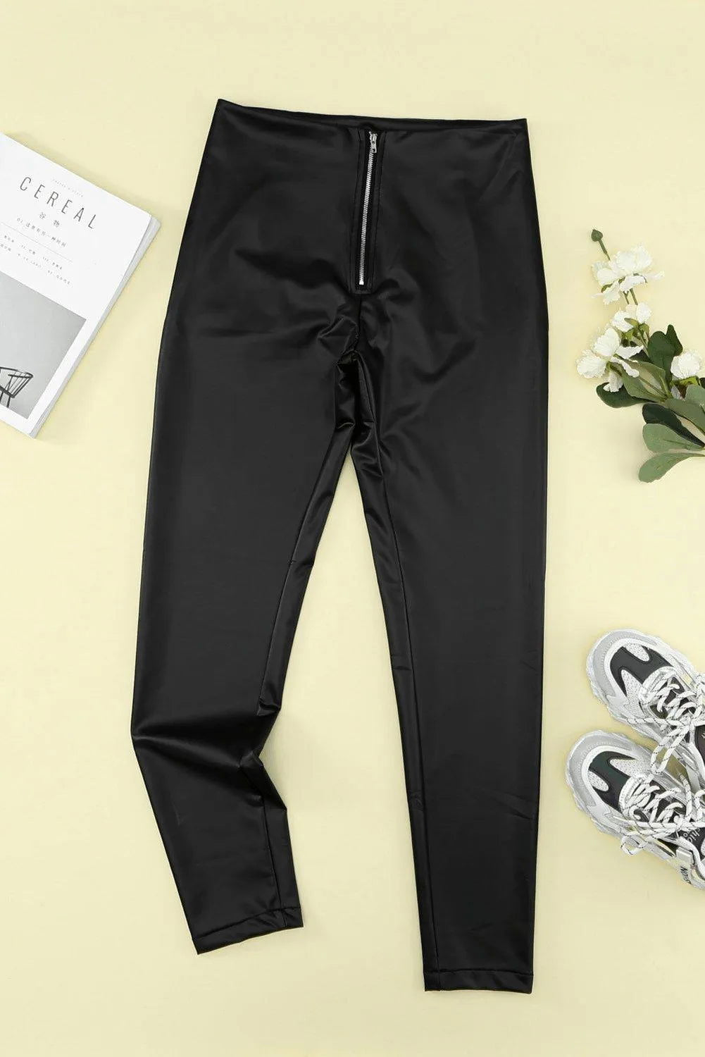 Black Skinny Zipper Pu Pants Jewelry Bubble