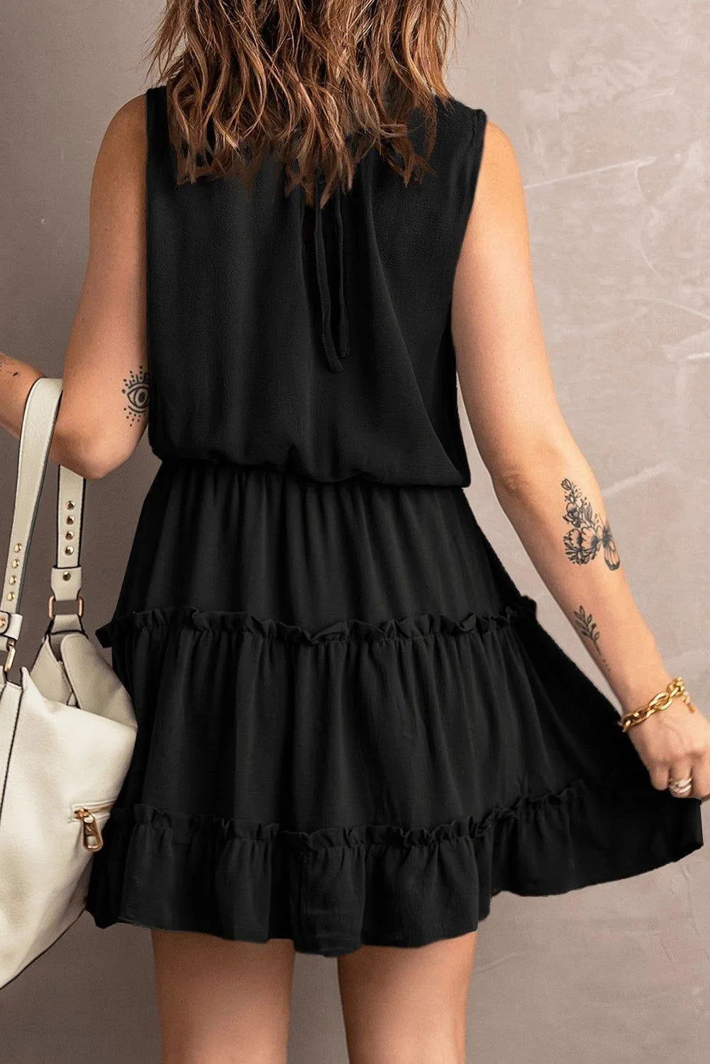 Black Sleeveless V Neck Ruffled Swing Mini Dress Jewelry Bubble