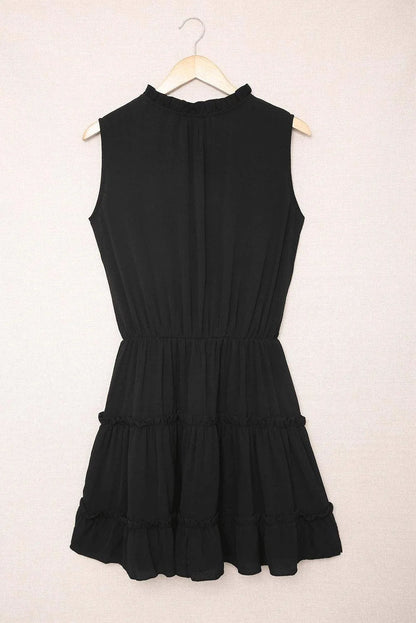 Black Sleeveless V Neck Ruffled Swing Mini Dress Jewelry Bubble