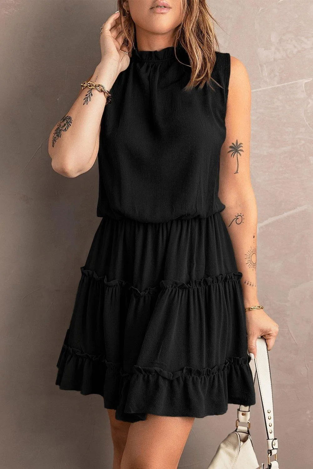 Black Sleeveless V Neck Ruffled Swing Mini Dress Jewelry Bubble