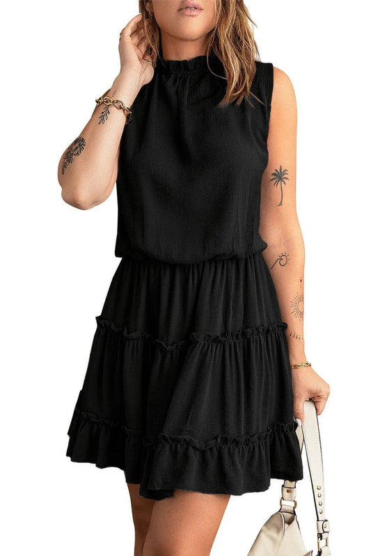 Black Sleeveless V Neck Ruffled Swing Mini Dress Jewelry Bubble