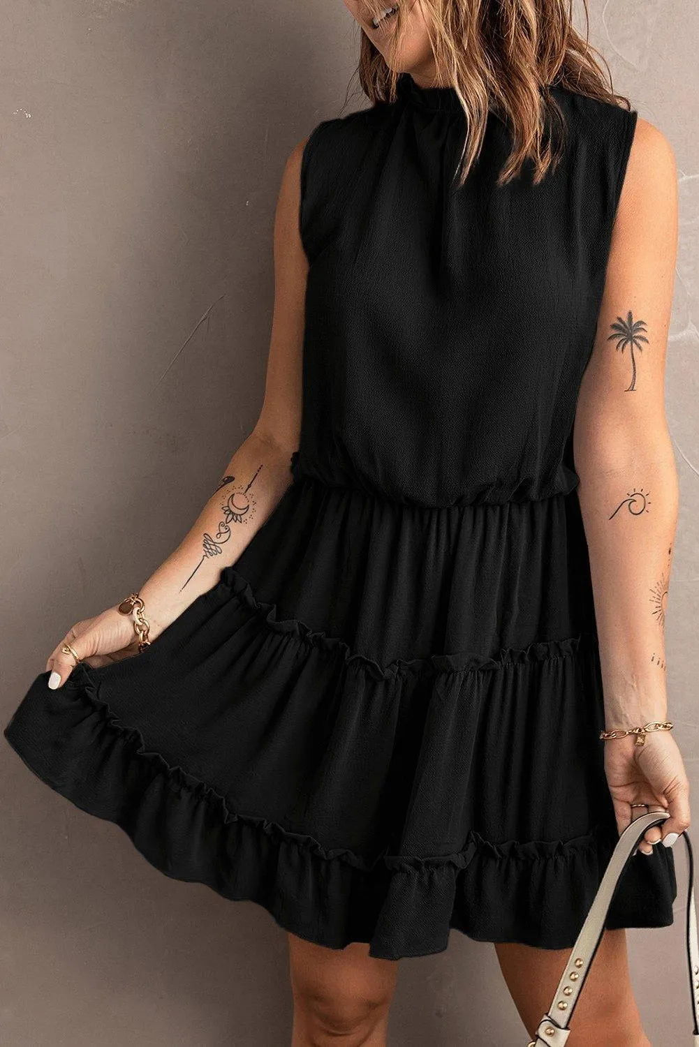 Black Sleeveless V Neck Ruffled Swing Mini Dress Jewelry Bubble