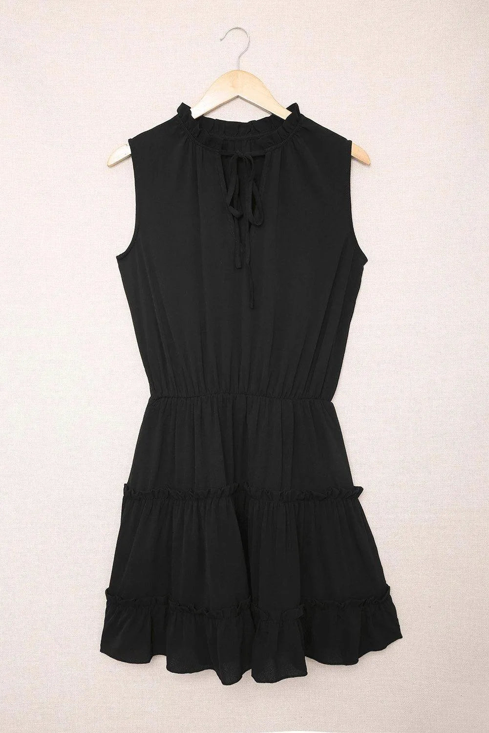 Black Sleeveless V Neck Ruffled Swing Mini Dress Jewelry Bubble