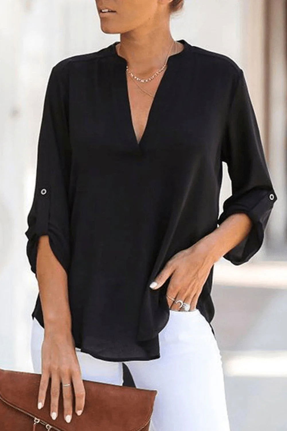 Black Split Collar Roll Up Sleeve Blouse Jewelry Bubble