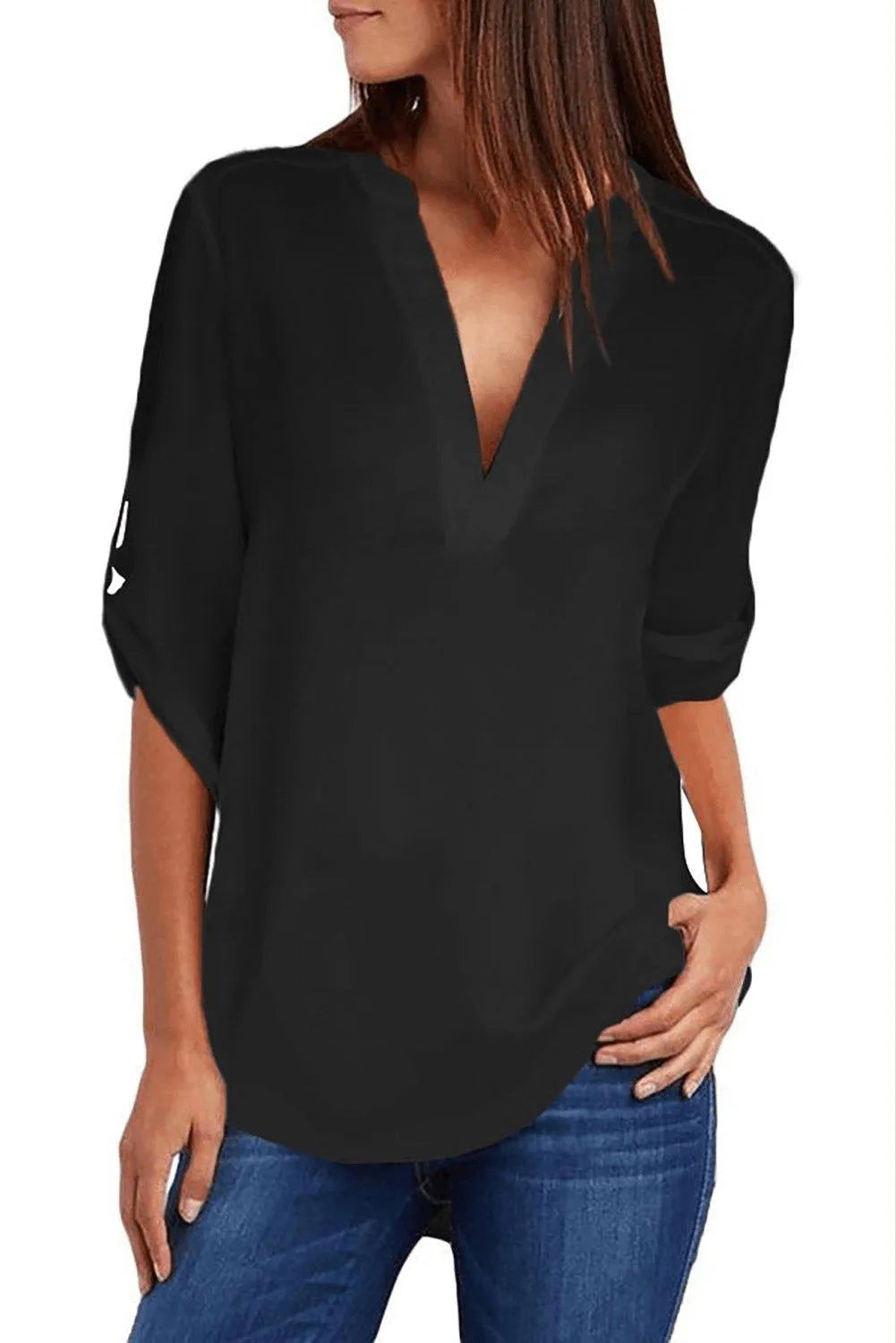 Black Split Collar Roll Up Sleeve Blouse Jewelry Bubble