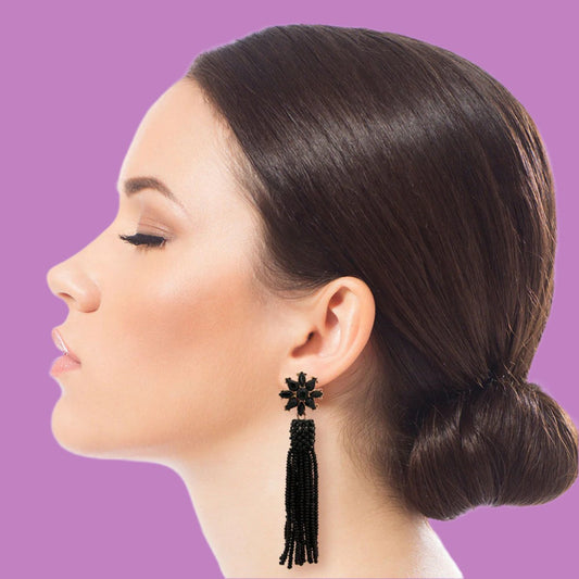 Black Stud Flower Dangle Tassel Earrings: Make a Bold Statement | Buy Now Pinktown