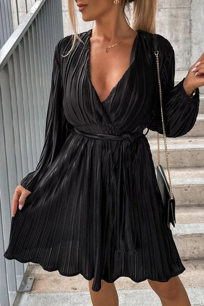 Black Surplice V Neck Pleated Dress With Belt Jewelry Bubble