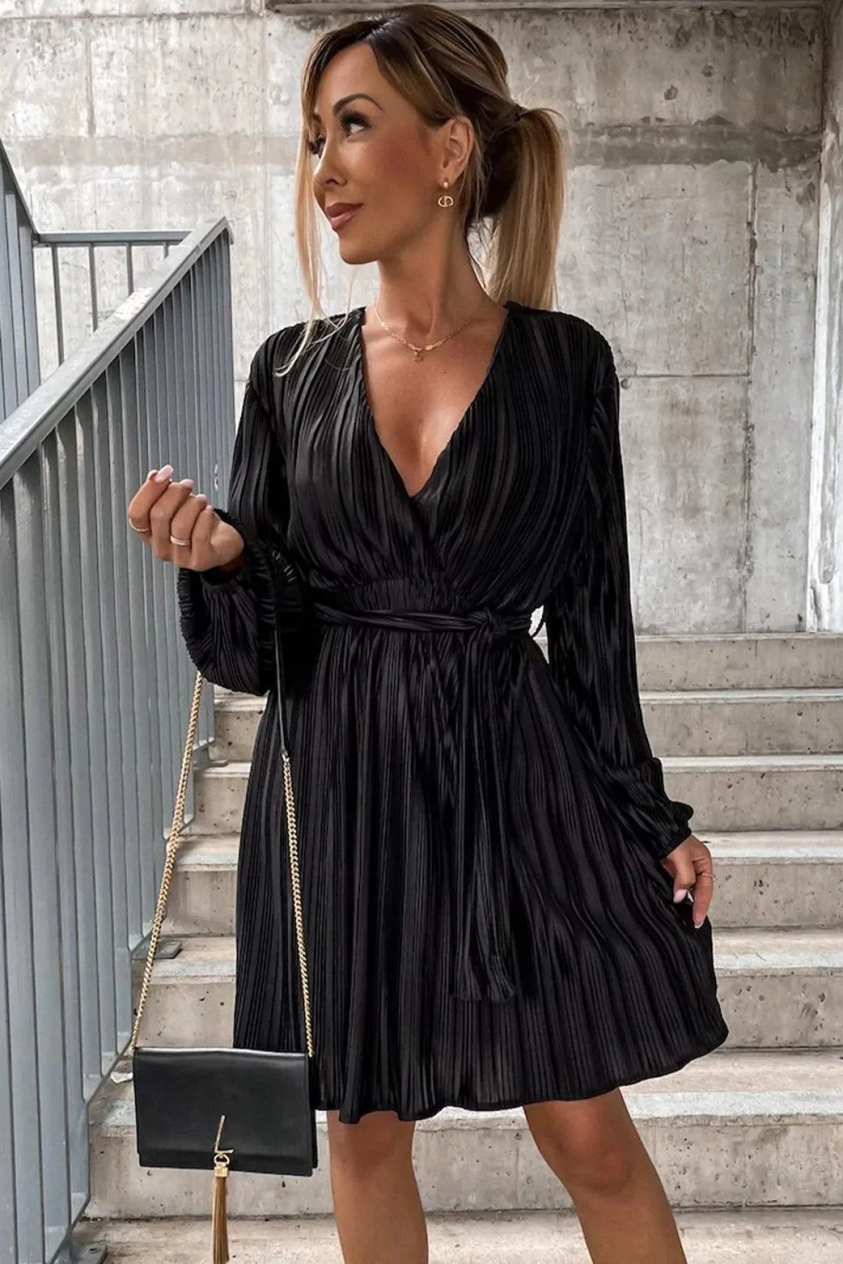 Black Surplice V Neck Pleated Dress With Belt Jewelry Bubble