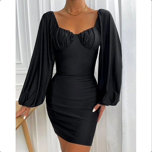 Black Sweet-Heart Neck Lantern Sleeve High Waist Mini Dress Jewelry Bubble