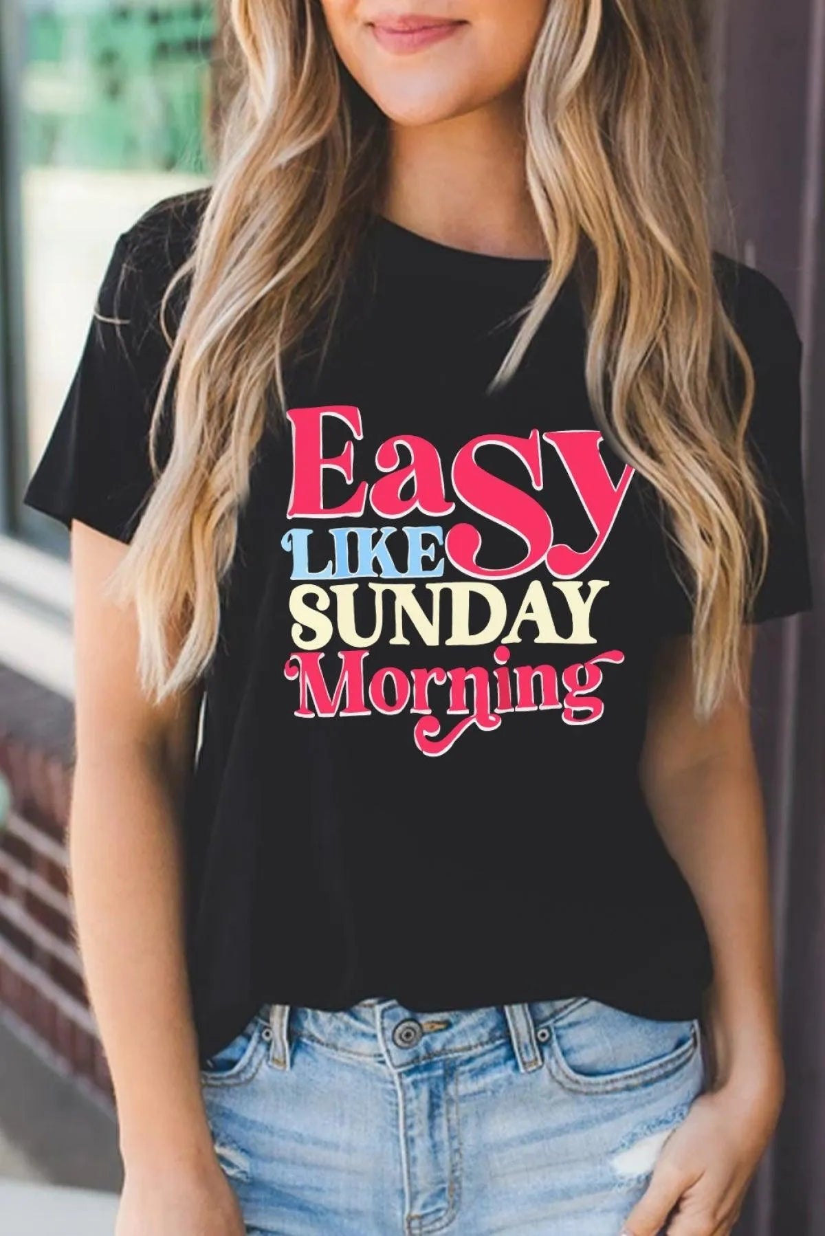 Black T-Shirt Easy LIKE SUNDAY Morning Letter Print Tee Jewelry Bubble