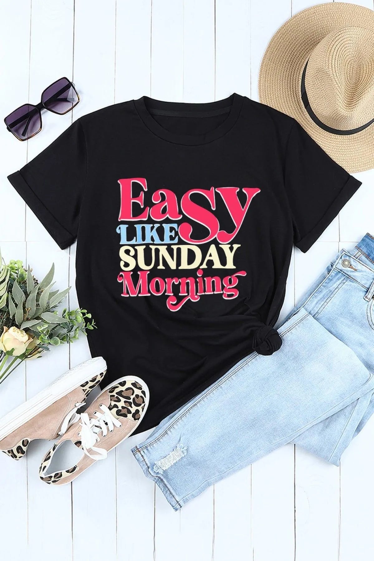 Black T-Shirt Easy LIKE SUNDAY Morning Letter Print Tee Jewelry Bubble