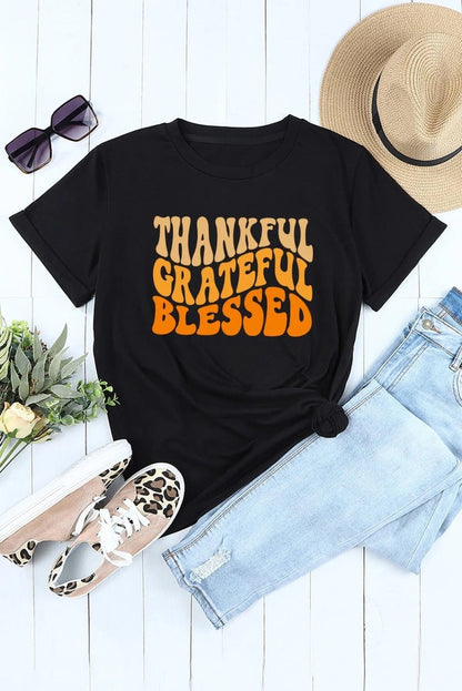 Black THANKFUL GRATEFUL BLESSED Crew Neck Graphic T-Shirt Jewelry Bubble