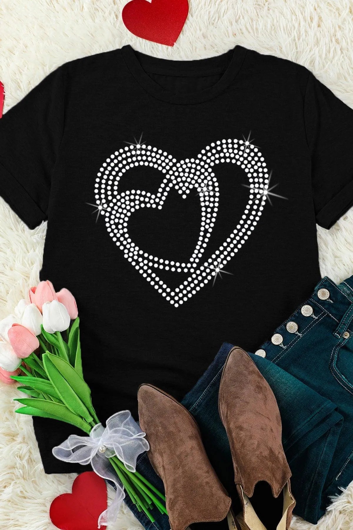 Black Tee Shining Heart Pattern Valentines T-Shirt Jewelry Bubble