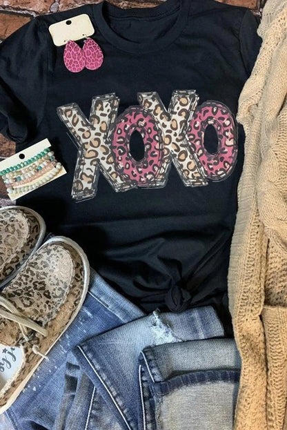 Black Tee XOXO Leopard Letter Print T Shirt Jewelry Bubble