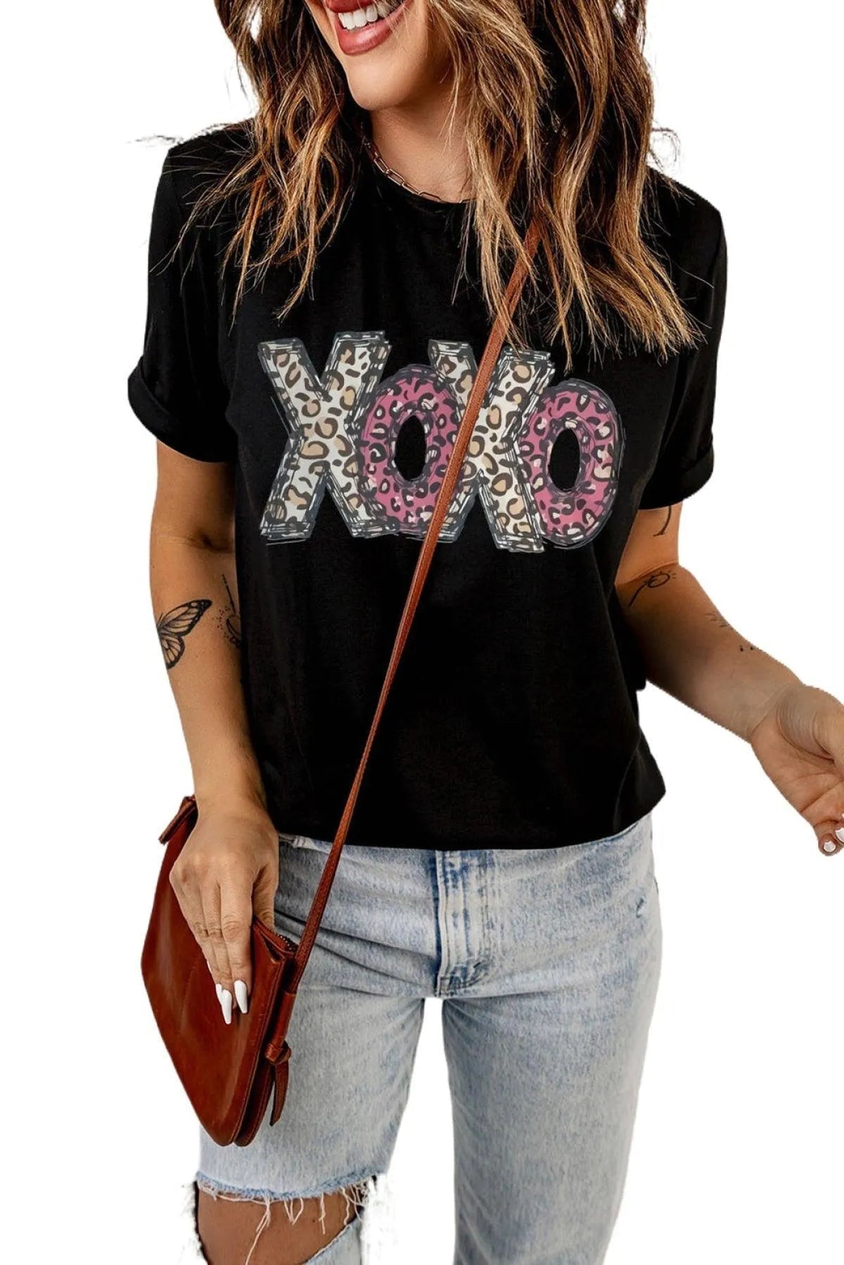 Black Tee XOXO Leopard Letter Print T Shirt Jewelry Bubble