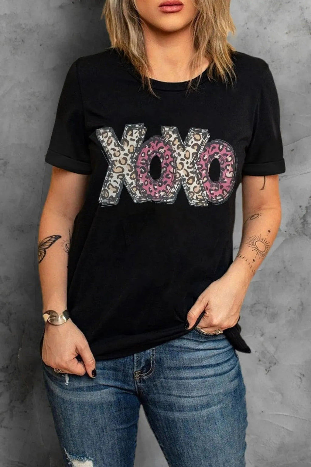 Black Tee XOXO Leopard Letter Print T Shirt