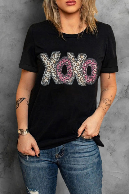 Black Tee XOXO Leopard Letter Print T Shirt Jewelry Bubble