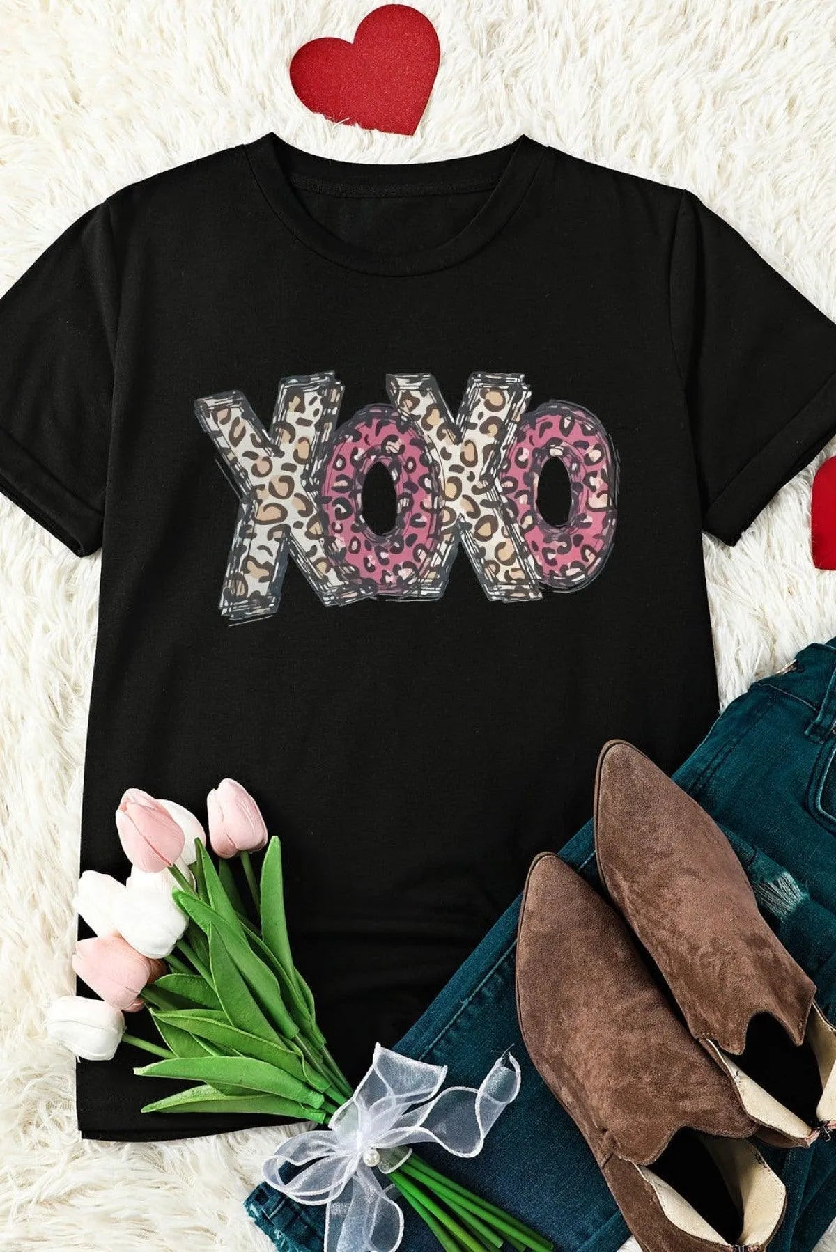 Black Tee XOXO Leopard Letter Print T Shirt Jewelry Bubble