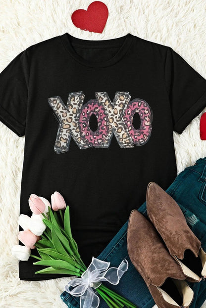 Black Tee XOXO Leopard Letter Print T Shirt Jewelry Bubble