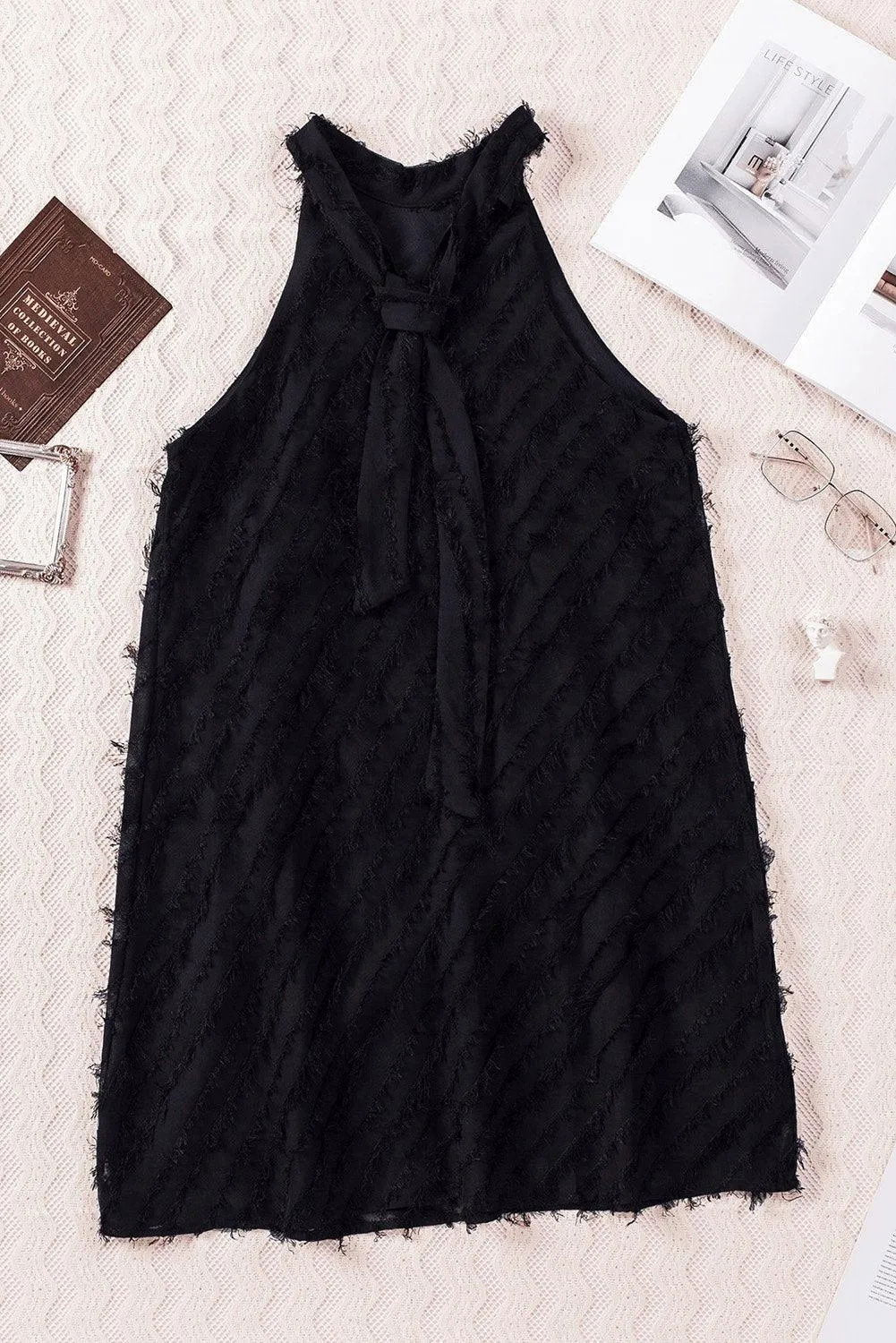 Black Textured Halter Lace-Up Sleeveless Mini Dress Jewelry Bubble