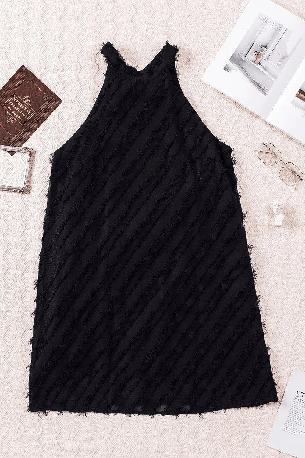 Black Textured Halter Lace-Up Sleeveless Mini Dress Jewelry Bubble