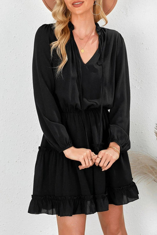 Black V Neck Long Sleeve Ruffle Tiered Mini Dress Jewelry Bubble